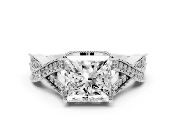 Princess Cut Cut Diamond Twisted Band with Milgrain Pave Setting and Four-Prong Setting Platinum