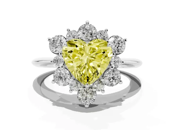 Fancy Yellow Heart Cut Diamond Cluster Halo Ring with Solitaire Band and Four-Prong Setting Platinum