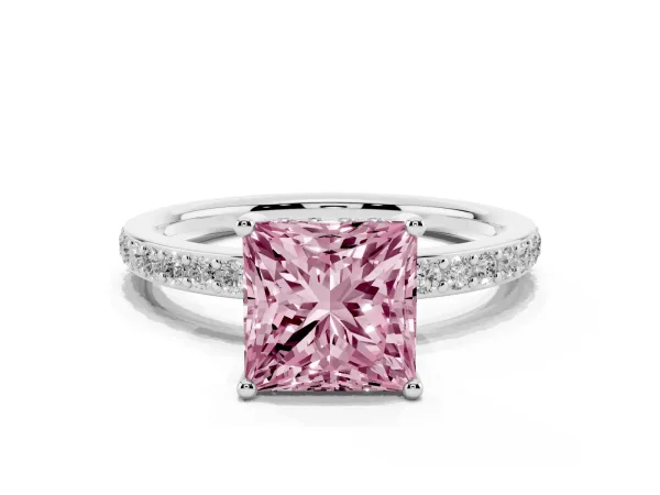 Fancy Pink Princess Cut Cut Diamond Pavé Band Ring with Four-Prong Setting White gold