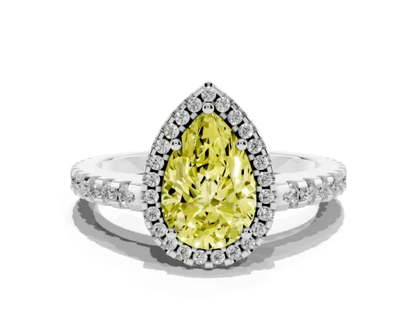 Fancy Yellow Pear Cut Diamond Halo Engagement Ring with Pavé Band and Prong Setting Platinum