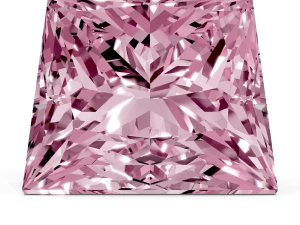 Fancy Pink Princess Cut Halo Diamond Ring with Milgrain and Bezel Accents on a Split Shank Band Yellow gold