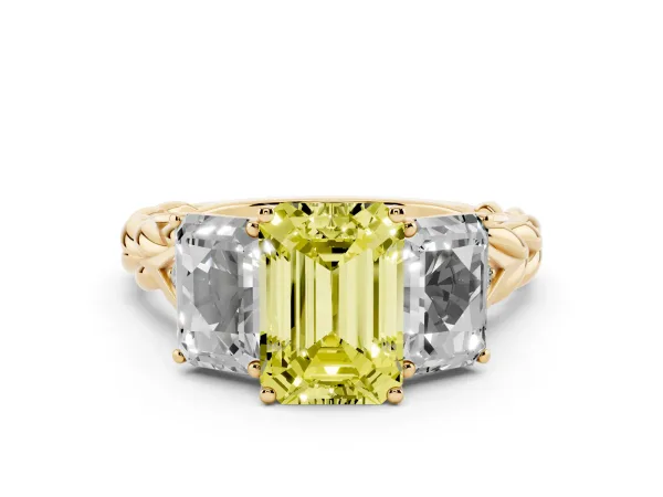 Fancy Yellow Three-Stone Emerald Cut Diamond Braided Band Ring with Four-Prong Setting Yellow gold