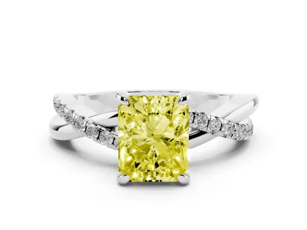 Fancy Yellow Radiant Cut Cut Diamond Twist Band Solitaire with Prong Setting White gold