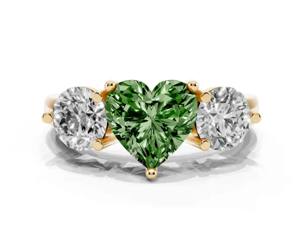 Fancy Green Three-Stone Heart Cut Brilliant Cut Solitaire Ring with Prong Setting on a Classic Band Yellow gold