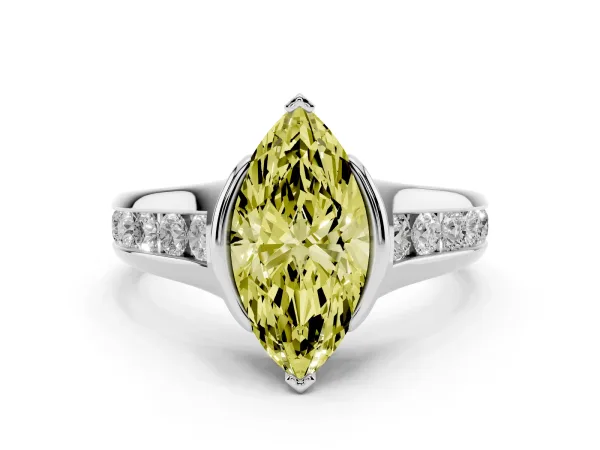Fancy Yellow Marquise Cut Solitaire Bezel-Set Diamond Ring with Channel-Set Band Platinum