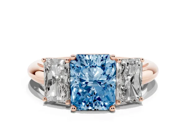 Fancy Blue Three-Stone Radiant Cut Cut Diamond Engagement Ring with Prong Setting on a White Gold Band Rose gold