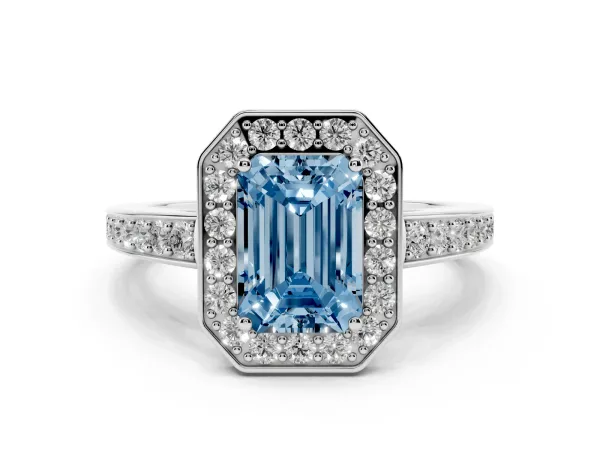 Fancy Blue Emerald Cut Halo Pavé Diamond Engagement Ring with Bezel Setting Platinum