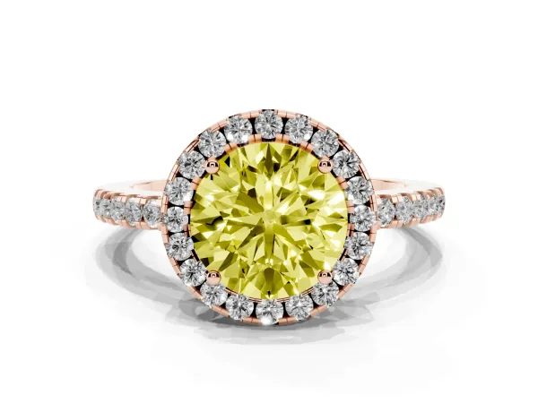 Fancy Yellow Round Cut Halo Diamond Engagement Ring with Pavé Band and Four-Prong Setting Rose gold