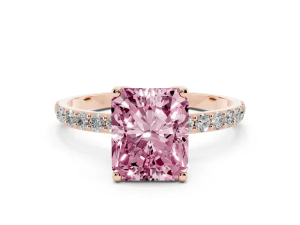 Fancy Pink Radiant Cut Diamond Solitaire Engagement Ring with Round Pavé Band and Prong Setting Rose gold