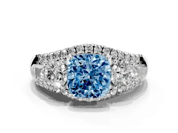 Fancy Blue Three-Stone Cushion Cut Diamond Engagement Ring with Pave Band and Prong Setting Platinum