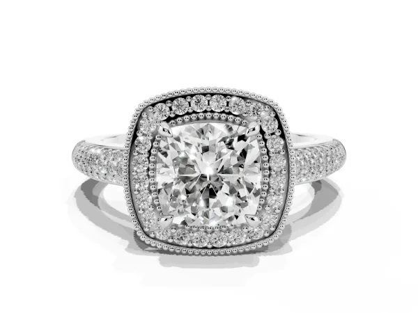 Cushion Cut Cut Halo Diamond Pave Band with Four-Prong Setting White gold