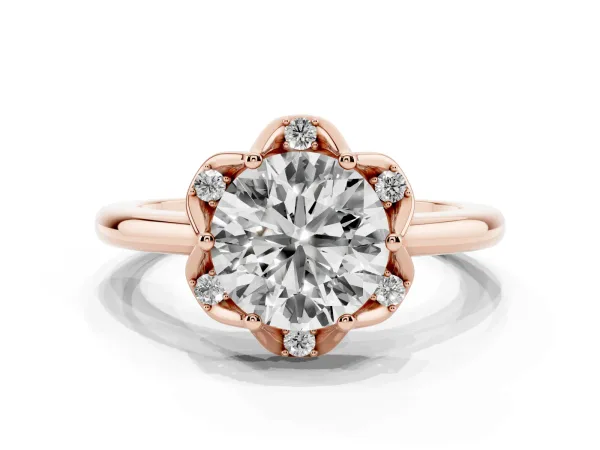 Round Cut Halo Diamond Ring with Round Cluster Setting, Solitaire Band, and Four-Prong Setting Rose gold