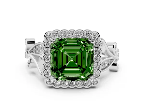 Fancy Green Asscher Cut Diamond Halo Ring with Vintage Split Shank and Four-Prong Setting Platinum