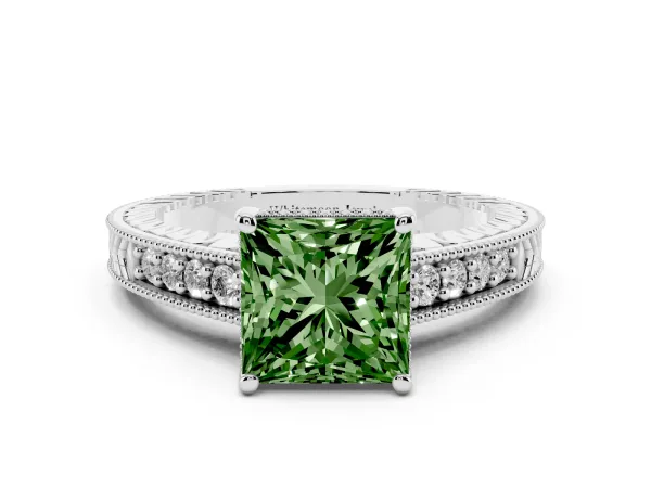 Fancy Green Princess Cut Solitaire Pavé Diamond Milgrain Engagement Ring with Four-Prong Setting Platinum