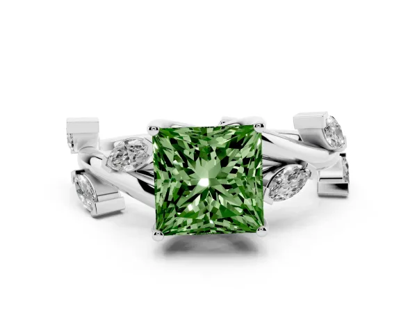 Fancy Green Princess Cut Solitaire Twisted Band Marquise Accent Prong Setting Ring White gold