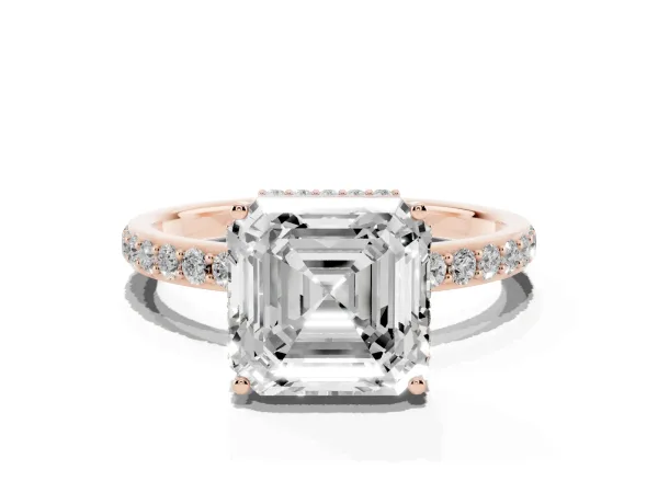 Asscher Cut Diamond Solitaire Ring with Pavé Band and Hidden Halo Rose gold
