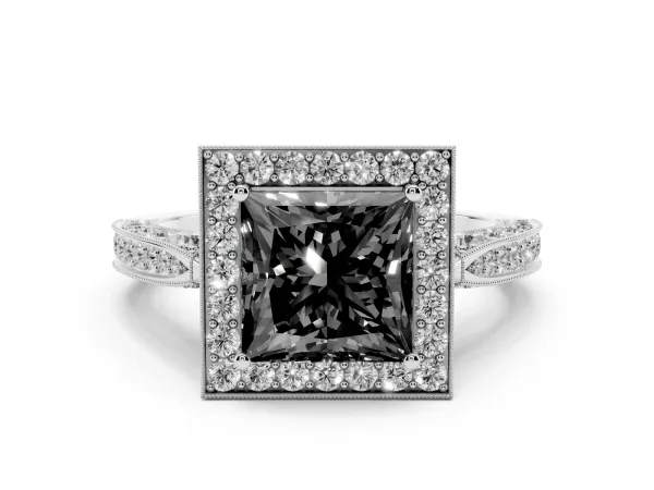 Fancy Black Princess Cut Halo Diamond Engagement Ring with Split Shank Band and Four-Prong Setting Platinum