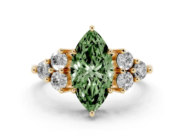 Fancy Green Marquise Cut Brilliant Diamond Cluster Accent Solitaire Ring with Prong Setting Yellow gold