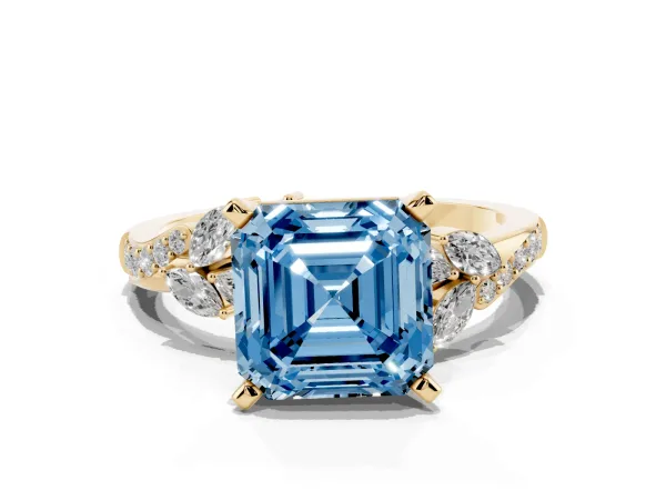Fancy Blue Asscher Cut Solitaire Marquise Twist Band with Six-Prong Setting Yellow gold