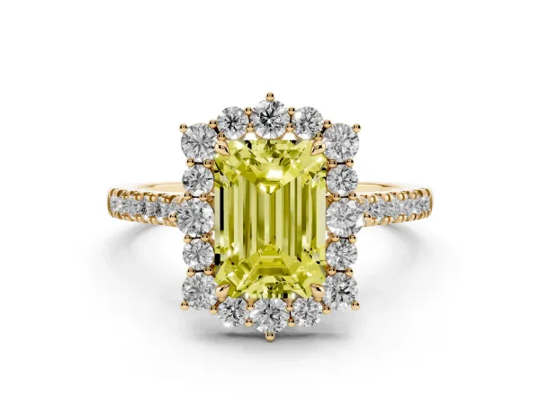 Fancy Yellow Emerald Cut Halo Diamond Ring with Pavé Band and Prong Setting Yellow gold
