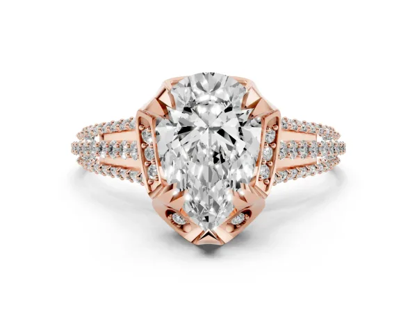 Pear Cut Solitaire Pave Split Shank Ring with Four-Prong Setting Rose gold