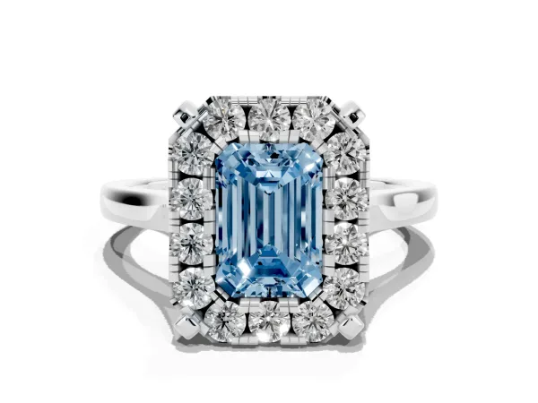Fancy Blue Emerald Cut Diamond Cluster Halo Solitaire with Four-Prong Setting Platinum