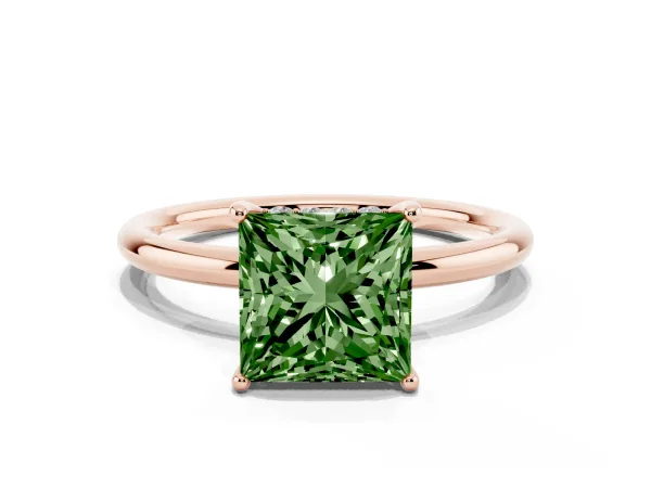 Fancy Green Princess Cut Solitaire Diamond Ring with a Classic Band and Four-Prong Setting Rose gold