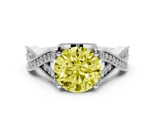 Fancy Yellow Round Cut Cut Diamond Twisted Band with Milgrain Pave Setting and Four-Prong Setting White gold