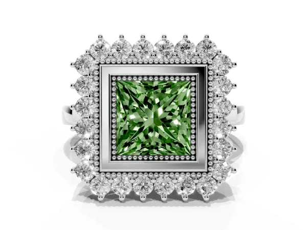 Fancy Green Princess Cut Halo Diamond Ring with Milgrain Edge and Round Prong Setting Platinum