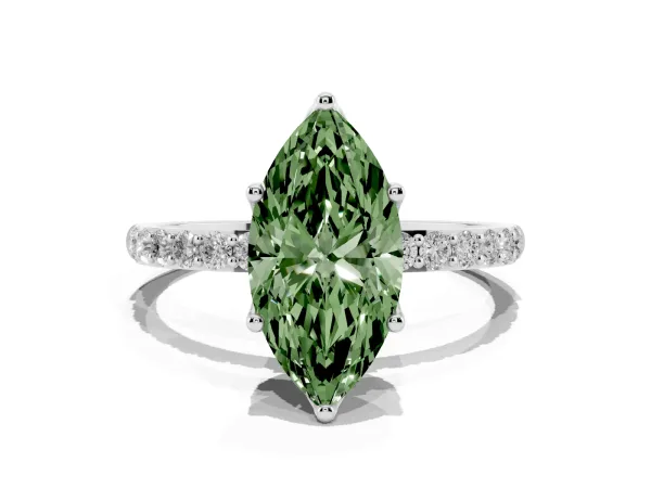 Fancy Green Marquise Cut Diamond Solitaire Engagement Ring with Round Pavé Band and Prong Setting White gold