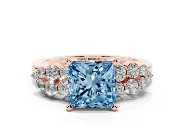 Fancy Blue Princess Cut Cluster Diamond Engagement Ring with Pavé Band and Four-Prong Setting Rose gold