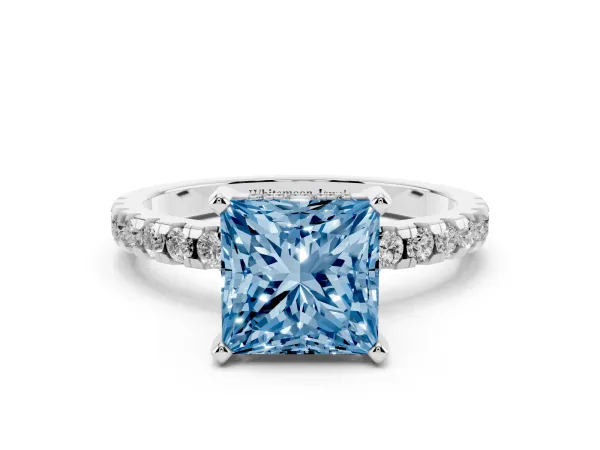 Fancy Blue Princess Cut Diamond Solitaire Ring with Round Pavé Band and Four-Prong Setting Platinum