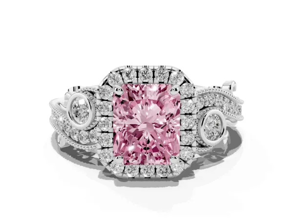 Fancy Pink Radiant Cut Halo Diamond Ring with Milgrain and Bezel Accents on a Split Shank Band Platinum