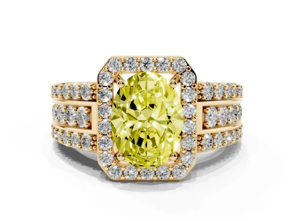Fancy Yellow Oval Cut Halo Diamond Ring with Round Split Shank and Prong Setting Yellow gold
