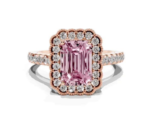 Fancy Pink Emerald Cut Cut Diamond Milgrain Floral Halo Engagement Ring with Pavé Band Rose gold