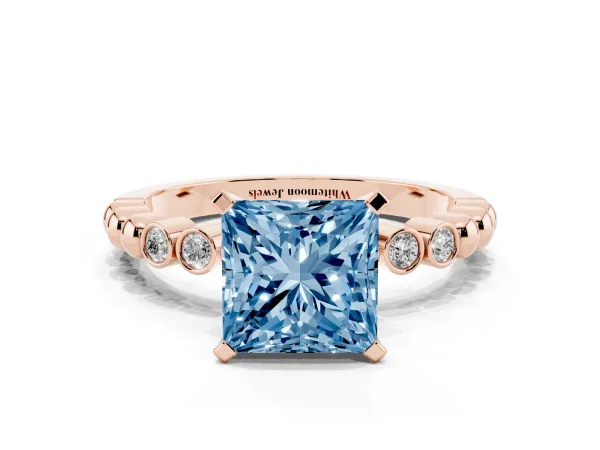 Fancy Blue Princess Cut Solitaire Bezel Accent Diamond Engagement Ring with Beaded Band and Four-Prong Setting Rose gold