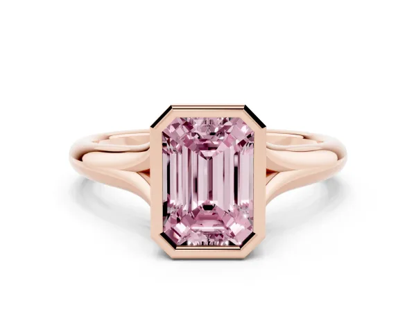 Fancy Pink Bezel Set Emerald Cut Solitaire Diamond Ring with Smooth Band Rose gold