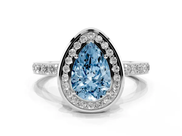 Fancy Blue Pear Cut Diamond Halo Ring with Bezel Frame and Pavé Band White gold