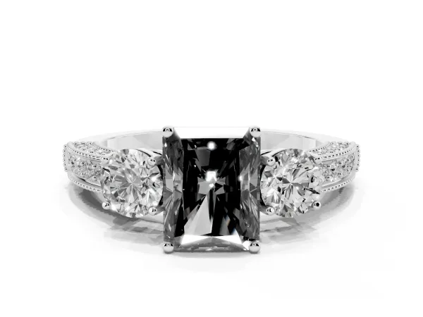 Fancy Black Radiant Cut Three-Stone Diamond Ring with Pavé Band and Four-Prong Setting Platinum
