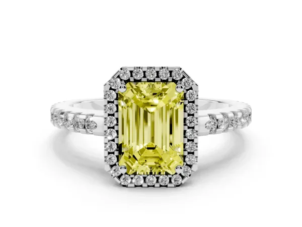Fancy Yellow Emerald Cut Diamond Halo Engagement Ring with Pavé Band and Prong Setting White gold