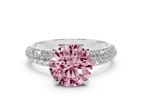 Fancy Pink Round Cut Diamond Solitaire Ring with Prong Setting and Pavé Band Platinum