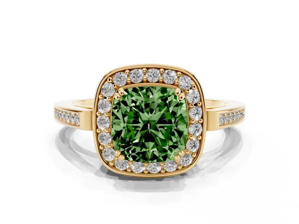 Fancy Green Cushion Cut Diamond Halo Ring with Split Shank and Four-Prong Setting Yellow gold