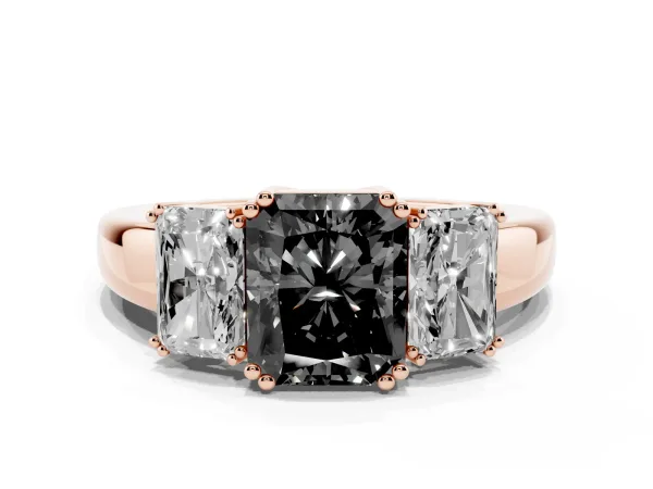 Fancy Black Three-Stone Radiant Cut Cut Diamond Ring with Channel Set Band and Four-Prong Setting Rose gold