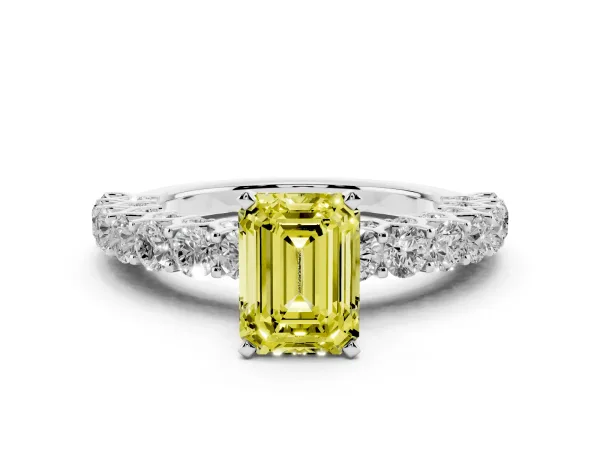 Fancy Yellow Emerald Cut Diamond Solitaire Ring with Shared Prong Pavé Band and Four-Prong Setting Platinum