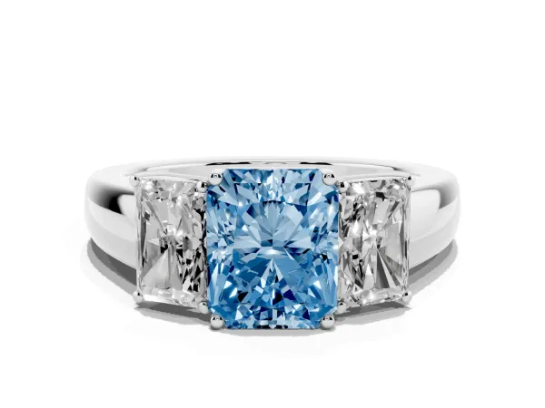 Fancy Blue Three-Stone Radiant Cut Cut Diamond Ring with Prong Setting and Classic Band White gold