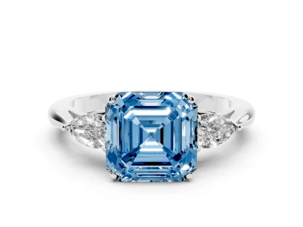 Fancy Blue Asscher Cut Diamond Three-Stone Ring with Pear Side Stones and Prong Setting White gold