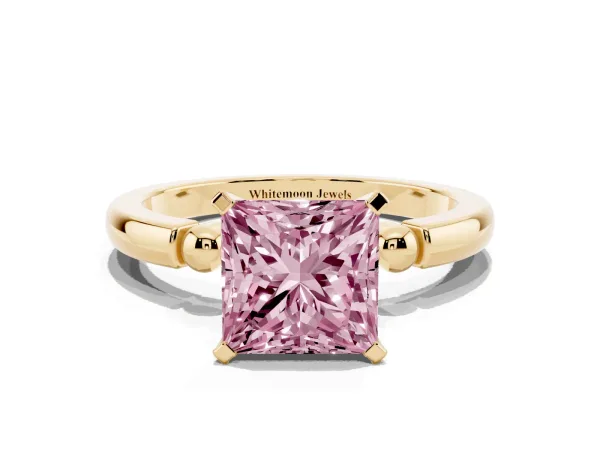 Fancy Pink Princess Cut Solitaire Beaded Band with Four-Prong Setting Yellow gold