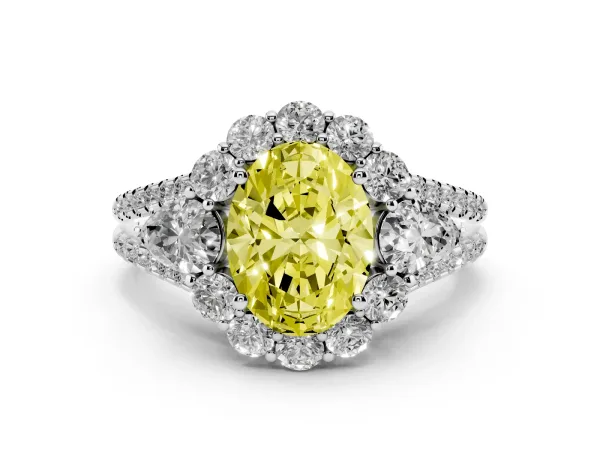 Fancy Yellow Oval Cut Halo Split Shank Diamond Engagement Ring with Prong Setting Platinum