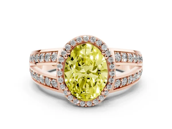 Fancy Yellow Oval Cut Diamond Halo Ring with Split Shank Pavé Band and Four-Prong Setting Rose gold