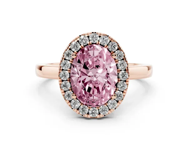 Fancy Pink Oval Cut Halo Diamond Solitaire with Pavé Band and Four-Prong Setting Rose gold